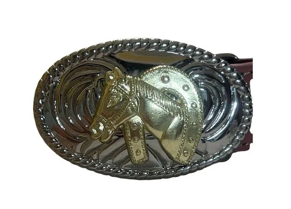 Nocona Belt Leather Western Pink Belt Gold Silver Horse Buckle 25" - 29" NWOT - Image 2