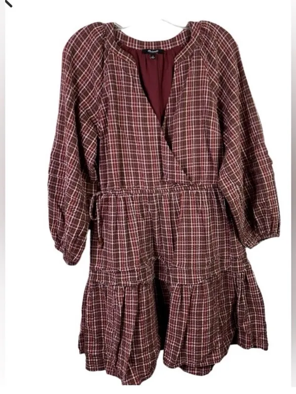 Madewell Seersucker Wrap Mini Dress Dark Merlot Plaid - Image 4