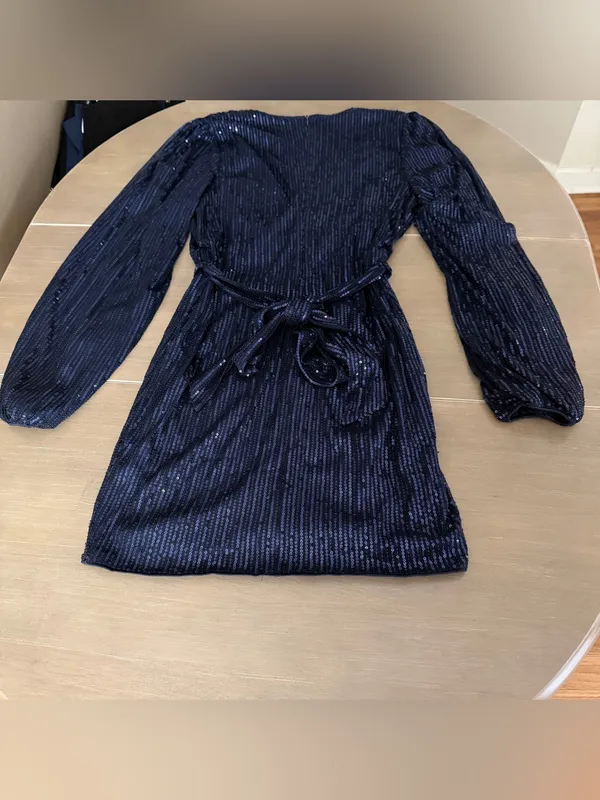 Navy Blue Sequin Wrap Dress Long Sleeve Tie Waist Cocktail Party Mini Dress - Image 3
