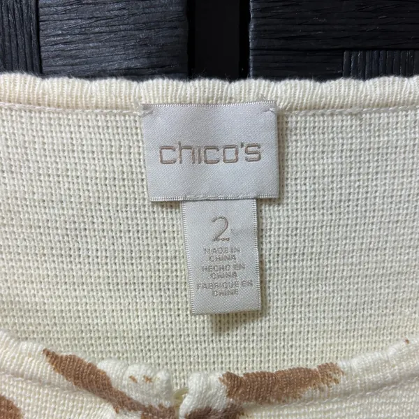 Chico's Cardigan Sweater Cream Tan Leopard Animal Print Lace Trim Casual 2/L - Image 4
