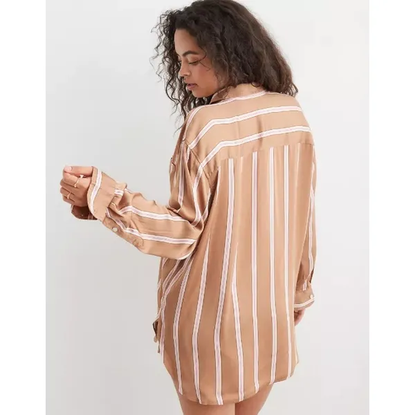 Aerie Tan Striped Satin PJ-To-Party Long Sleeve Button-down Casual Shirt S - Image 3