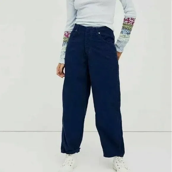 Free People Martha Mid Rise Cord Barrel Jeans - Navy Blue - Image 2