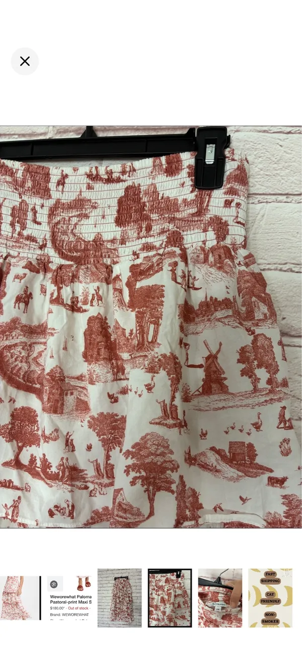 WeWoreWhat Paloma Tiered Pastoral Toile Maxi Skirt Like New Large. Smocked stretchy waist. Beautiful layered ruffles. Rust red/white. Boho/festival vibe. AirTag missing, but this is definitely cotton or cotton blend. 37” long 13.5-16” waist - Image 4