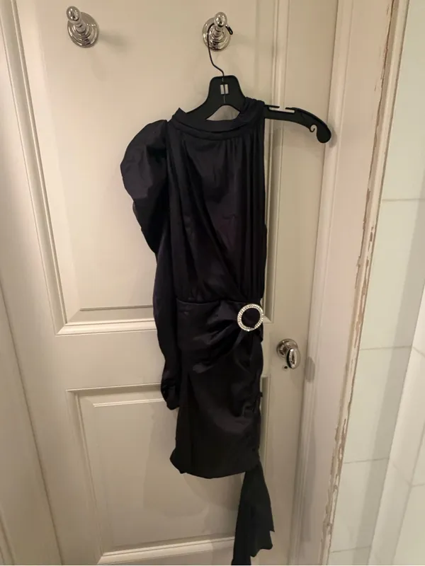 For Love & Lemons Black Asymmetrical One-Shoulder Dress with Rhinestone Rings - Image 2