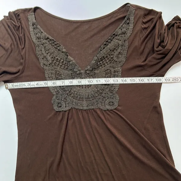 Dark brown crocheted lace bib front elbow puff sleeve top - Image 6