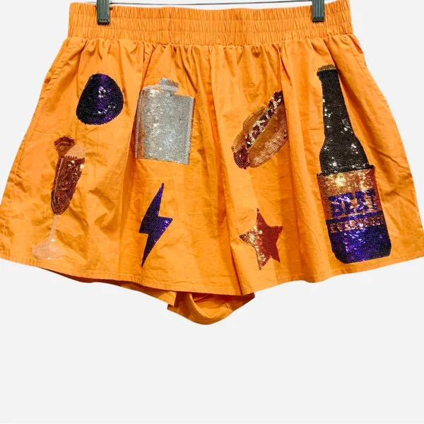 QUEEN OF SPARKLES Icon Sequins Shorts in Orange Cotton‎ Size Medium Football - Image 3