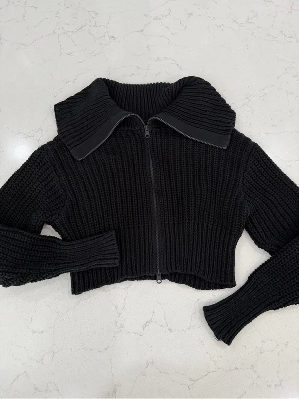 aerie Black Chunky Cropped Half-Zip Turtleneck Sweater - Image 3