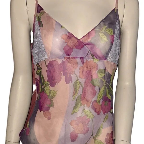Frederick’s of Hollywood Sheer Floral Mesh Cami – Lace Trim – Size L - Image 4