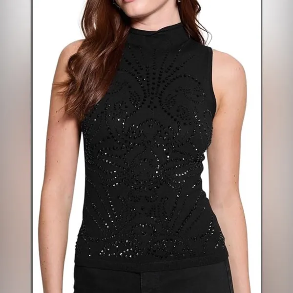 New Guess Calista Rhinestone Knit Top. Medium - Image 2