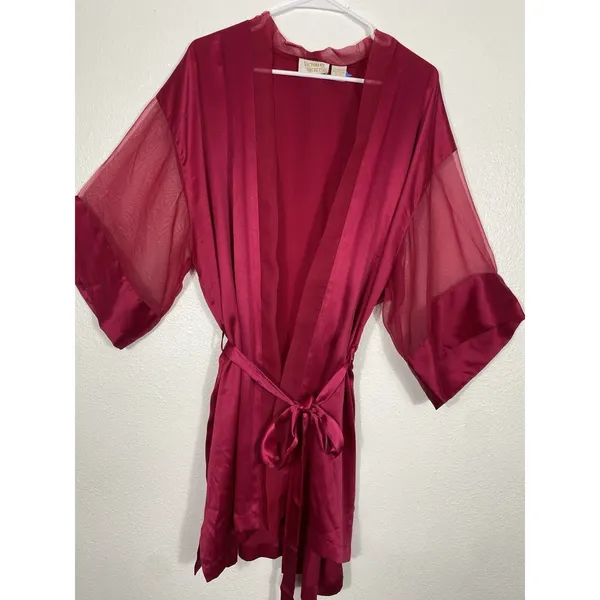 Victoria's Secret Pink Satin Sheer Sleeve Tie Waist Kimono Robe One Size - Image 4