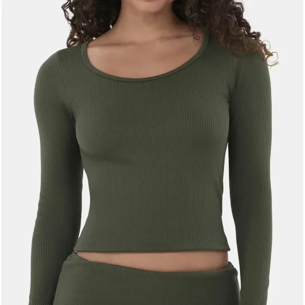 No Boundaries Womens Top Sz S Green Seamless Rib Knit Crop Long Sleeve Casual - Image 3