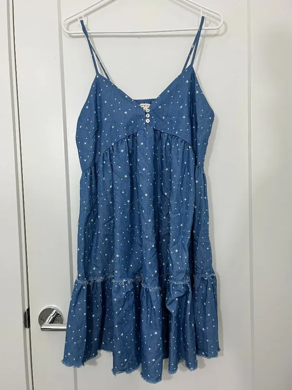 New Jodifl Large Starry Dotted Chambray Denim Babydoll Dress - Image 3