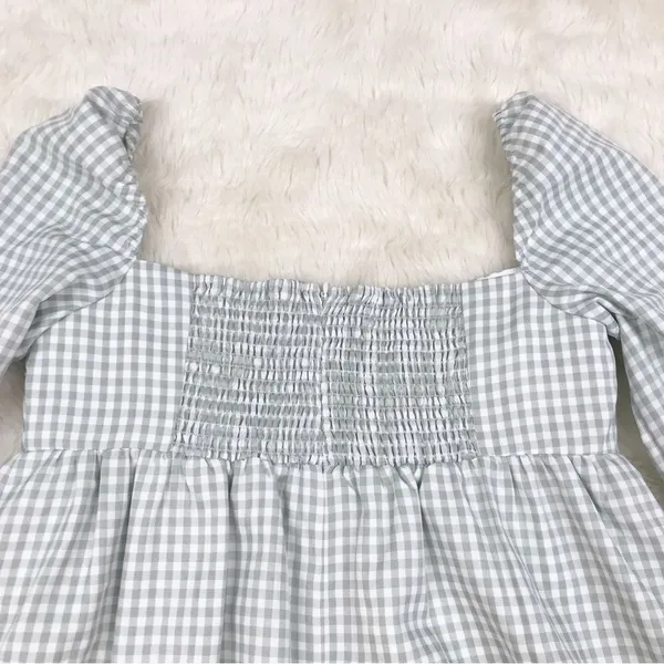 GIANNI BINI Green Gingham Mini‎ Peasant Dress Long Sleeves Low Cut Size 8 New - Image 10