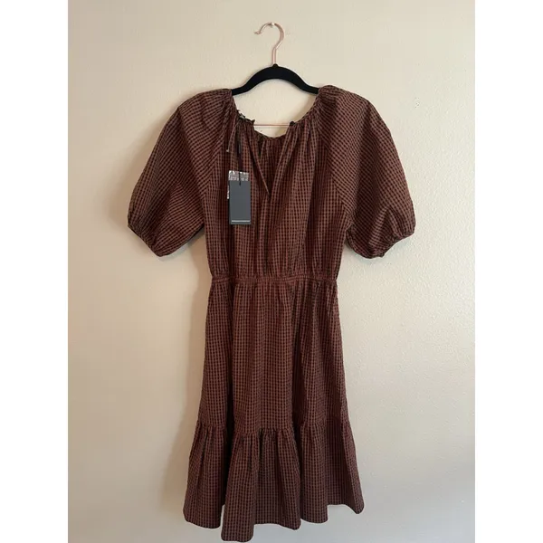 RAILS Dress Size‎ S Brown Black Khloe Russet Gingham Seersucker Mini Puff Sleeve - Image 5