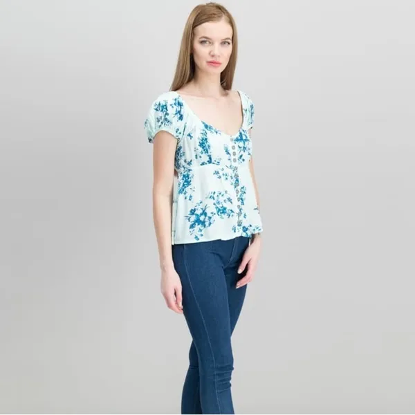 Free People Blue Floral Peasant Top XS Cottagecore Boho Puff Sleeve Babydoll - Image 8