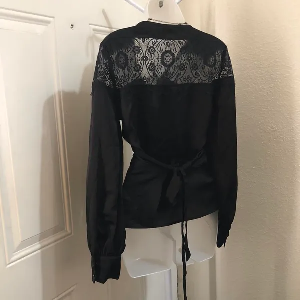 Whimsygoth grunge Black lace long lantern bishop sleeve wrap top V-neck office siren top blouse-Size M Measurements in pics - Image 3