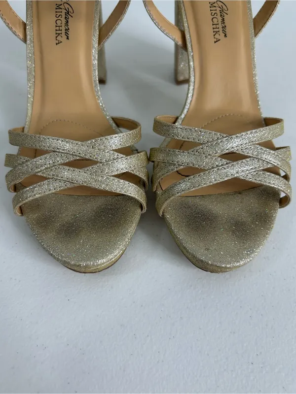 Badgley Mischka American Glamour Xandra Block Heels Champagne Glitter Size 8.5 - Image 2