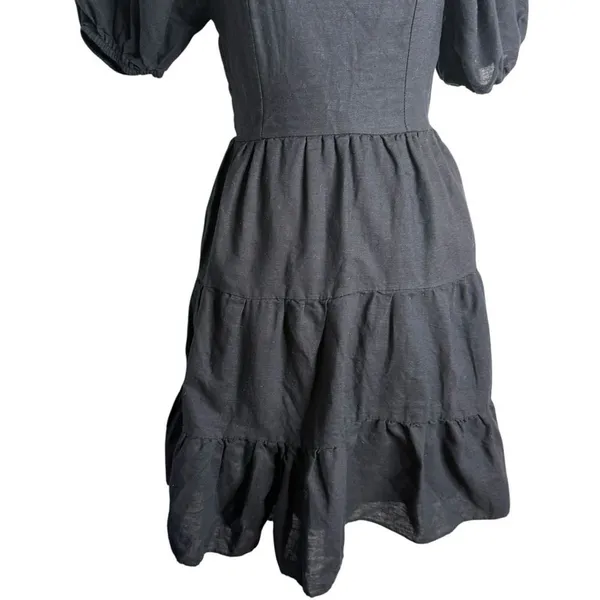 Chelsea & Violet Black Linen Blend Tiered Dress XS Open Back Puff Sleeve Mini - Image 3