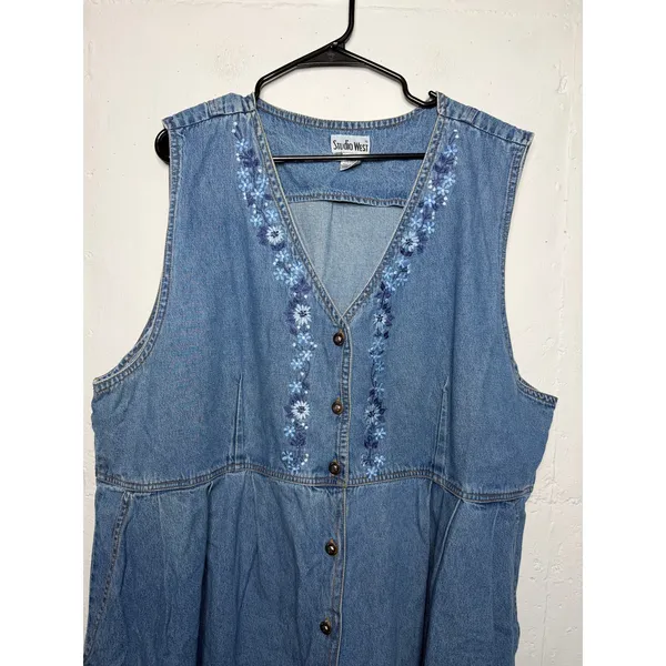 Studio West Vintage 90s 3X Denim Button Down Dress Sleeveless Floral Flowers - Image 2