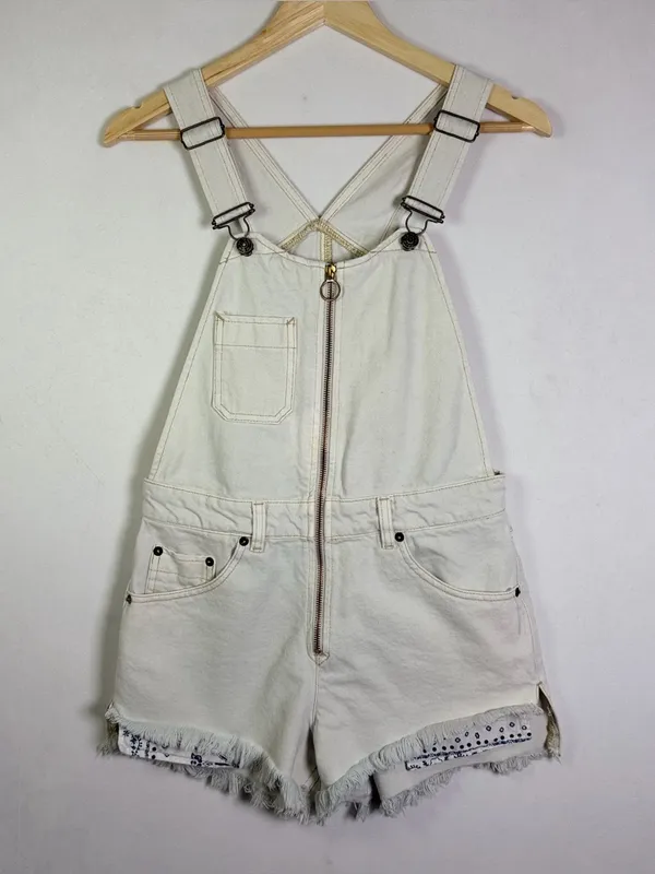 Free People We The Free Sunkissed Denim Shortalls Raw Hem Bandana Trim Overalls Women Sz 0 - Image 2