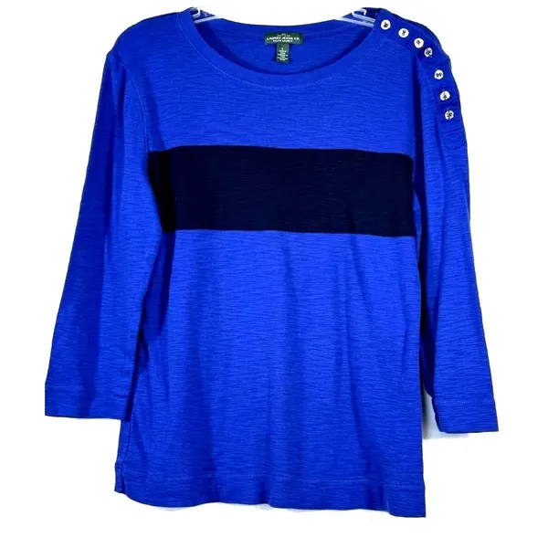 LRL Lauren Jeans Co Ralph Lauren Top Size L Blue Stripe Button Shoulder Blouse - Image 2