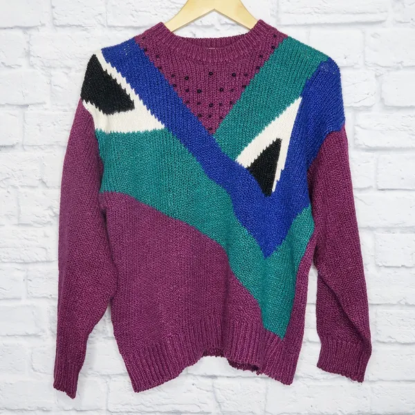 Vintage 80’s Purple Beaded Abstract Sweater - Image 2