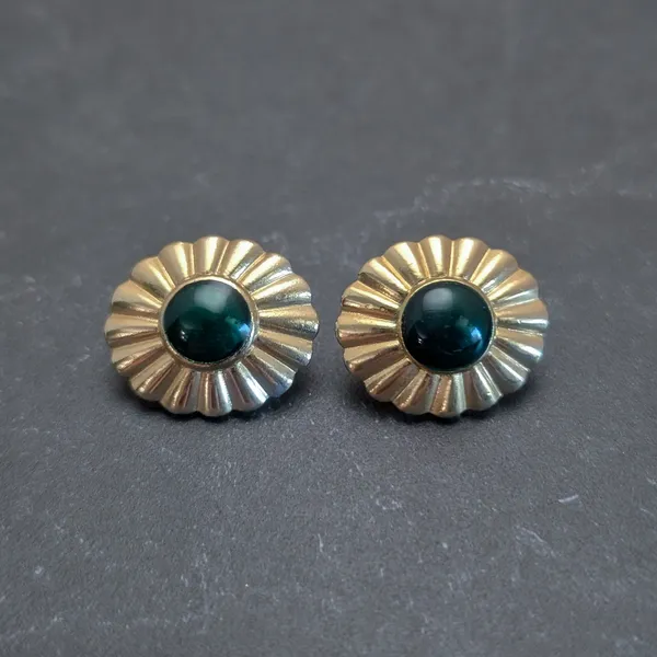 Vintage Clip On Earrings Elegant Glam Dark Green with Gold Tone Statement Halo - Image 2