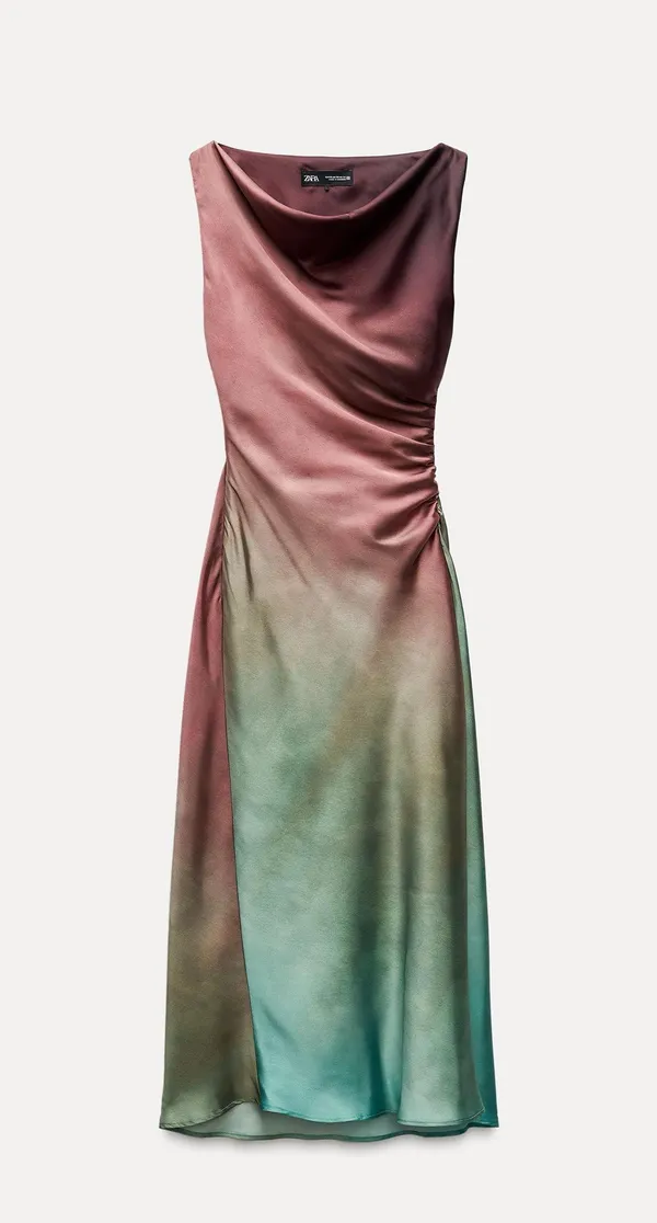 Zara dress midi satin tie dye fitted bodycon casual evening wedding cowl neck - Image 8