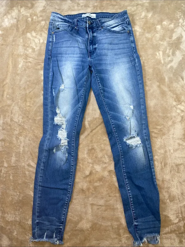 KanCan Medium Blue Distressed Raw Hem Skinny Jeans - Image 4