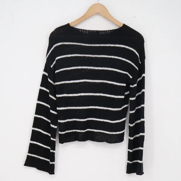 Edikted Sweater Womens XS Cropped Striped Black White Bell Sleeve Excellent - Image 5