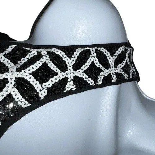 WHITE HOUSE BLACK MARKET‎ Black And White Geometric Sequin Top EUC Small - Image 3
