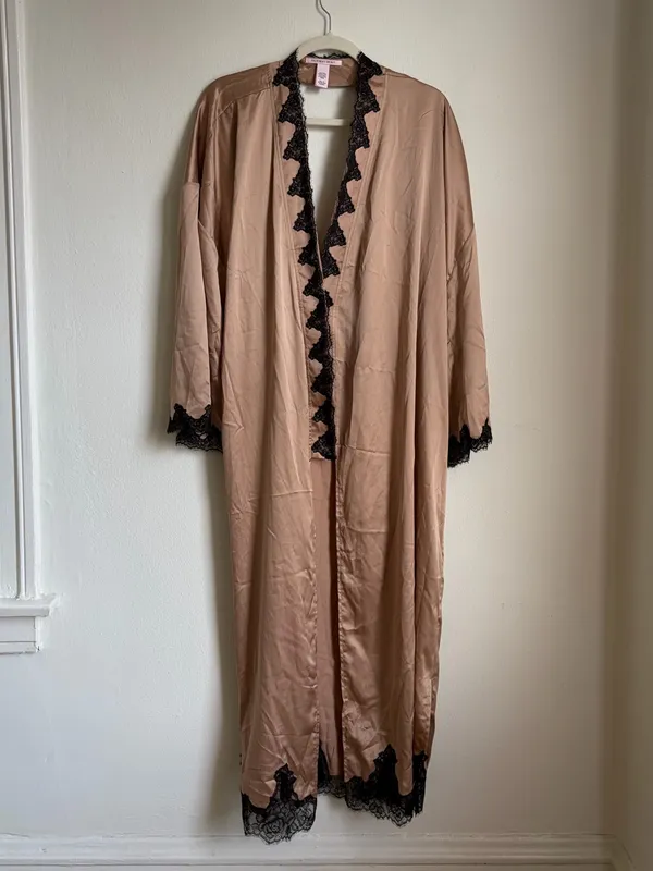 Victoria’s Secret Satin & Rose Lace Open-Back Long Robe Tan - Image 2