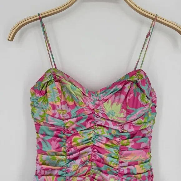 For Love and Lemons‎ Julien Cami Mini Dress XS Pink Floral Ruched Bodycon Cutout - Image 5