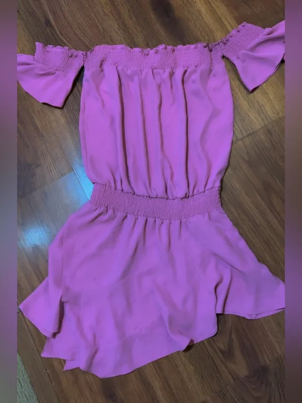 Amanda Uprichard Pink Off-Shoulder Smocked Mini Dress Ruffle Hem Medium - Image 2