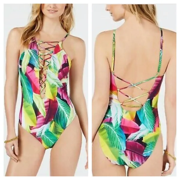 NEW La Blanca Tropic of Day Tummy Control Multi colored Leaf Print Swimsuit 10 - Image 3