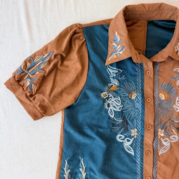 Embroidered Western Blouse Small Brown Teal Puff Sleeve Boho Cowgirl Shirt - Image 6