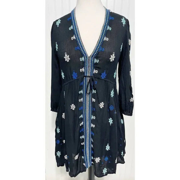Free People Stargazer Mini Dress Embroidered V-Neck Tie Waist Black Blue Small - Image 12