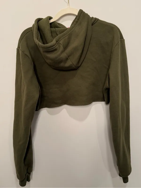 Edikted Olive Green Cropped Raw Hem Logo Hoodie Size Small - Image 3