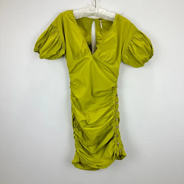 Free People Tastemaker Mini Dress Cotton Ruched Pleated Puff Sleeve Green XS - Image 5