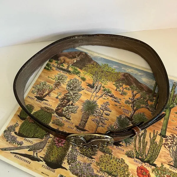 Vintage Distressed Stitched Brown Genuine Leather Eagle Buckle Belt - L - Image 10