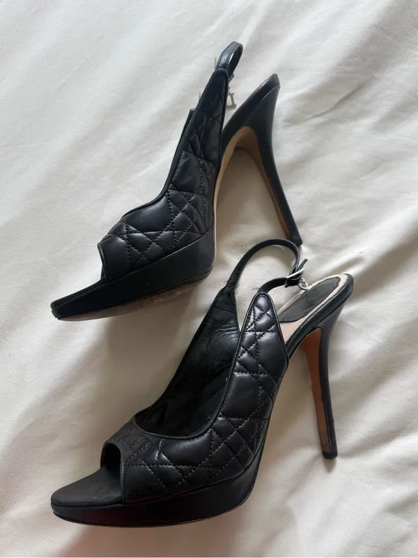 Dior | Navy Quilted Open-Toe Slingback Heels with D Charm | 39 - Image 3