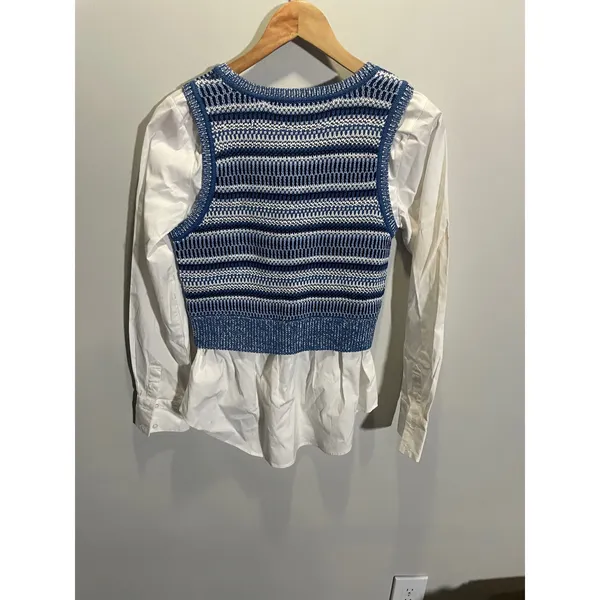 Veronica Beard Esphera Top‎ Small Blue White Striped Mixed Media Layered Knit - Image 4