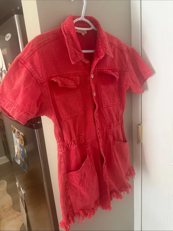 Peach Love California Red Denim Utility Romper Size Medium Western Boho - Image 3