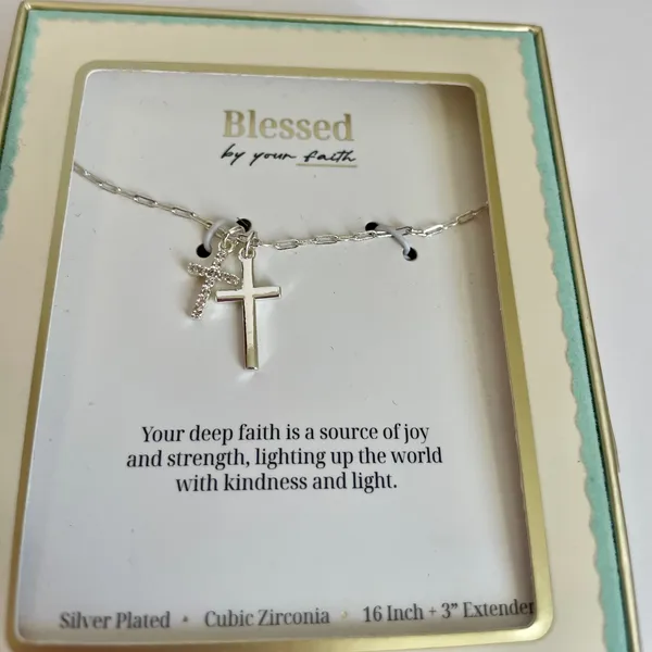 Blessed by your faith Silver Plated Cubic Zirconia Double Cross Necklace 16-19in - Image 2