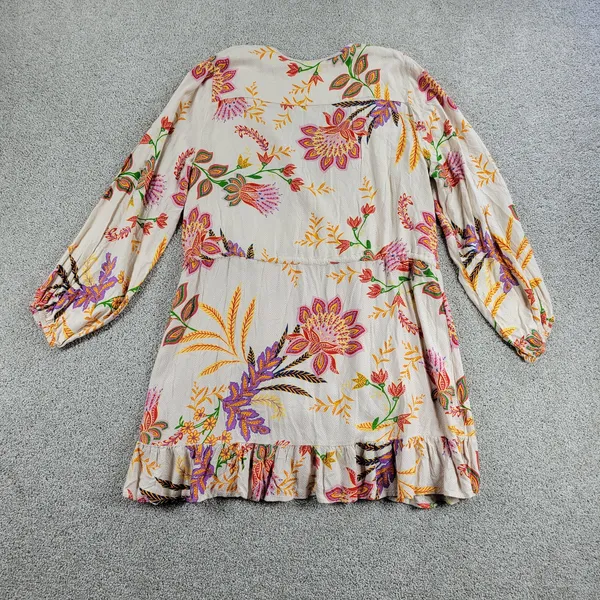 Blue Island Beach Wrap Dress M Cream‎ Red Floral Ruffle Hem Tie Waist New - Image 2