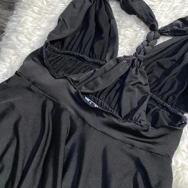 Black Halter Silver Waistband Open Back Braided Handkerchief Hem Dress Fairy Y2k - Image 8