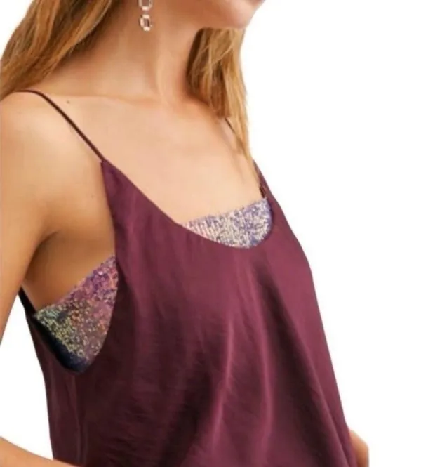 Free People Turn It On Camisole in Plum Vetiver Bloom Cropped Sequin Top Sz S - Image 3