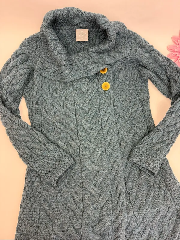 Aran Woollen Mills 3 Button Long Supersoft Merino Wool Cableknit Cardigan Blue - Image 6