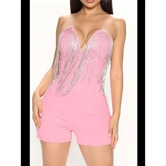 Embellished Fringed In‎ The Show Strapless Romper Size L Coquette Party Glam New - Image 2
