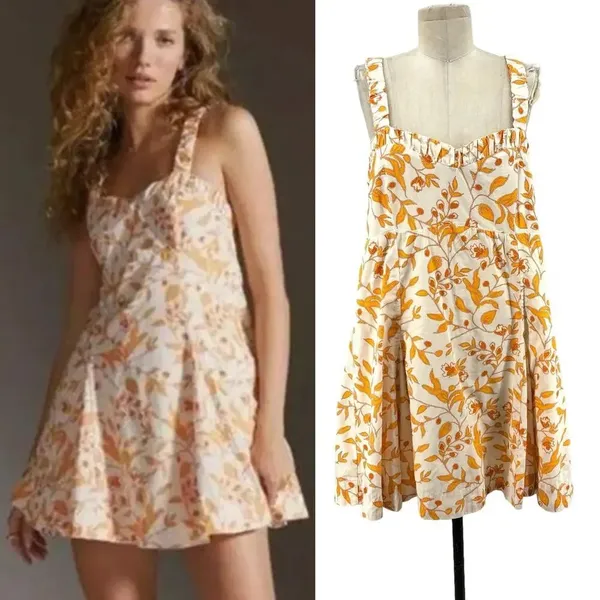 Anthropologie Maeve Sweetheart Mini Dress Floral Print Cream Orange Size XL‎ - Image 2